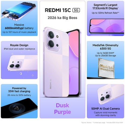 REDMI 15C 5G (Dusk Purple, 128 GB) - Thumbnail 2